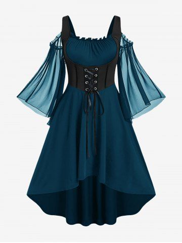Plus Size Lace Up Cold Shoulder Flare Sleeves High Low Ruched Renaissance Corset Dress - SKY BLUE - 5X | US 30-32