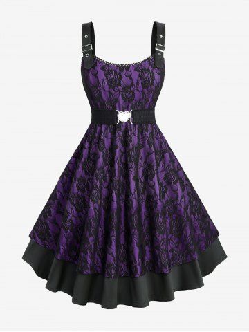 Plus Size Rose Flower Lace Panel Layered A Line Dress with Removable Belt - PURPLE - 5X | US 30-32