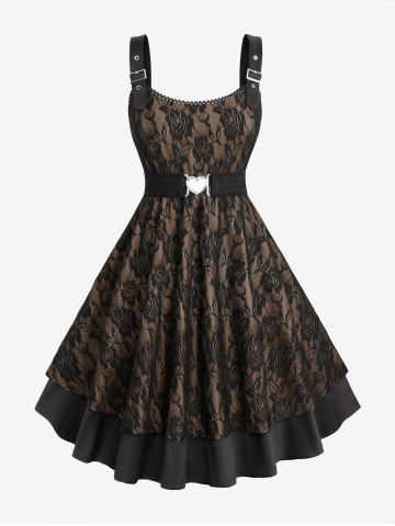 Plus Size Rose Flower Lace Panel Layered A Line Dress with Removable Belt - DEEP COFFEE - L | US 12