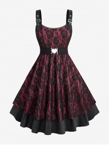 Plus Size Rose Flower Lace Panel Layered A Line Dress with Removable Belt - DEEP RED - 2X | US 18-20