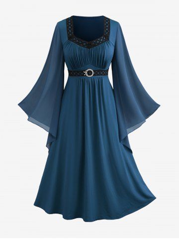 Plus Size Bell Sleeves Ruched Braided Buckle Belted A Line Renaissance Midi Dress - DEEP BLUE - L | US 12