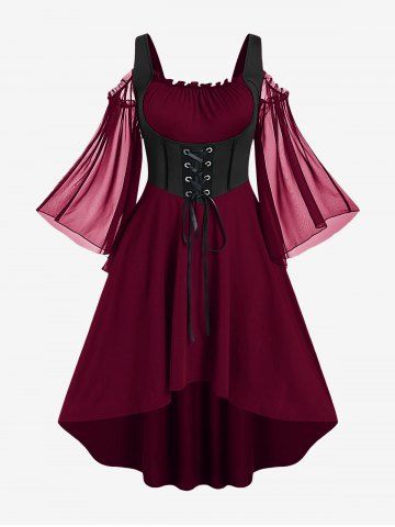 Plus Size Lace Up Cold Shoulder Flare Sleeves High Low Ruched Renaissance Corset Dress - FIREBRICK - 4X | US 26-28