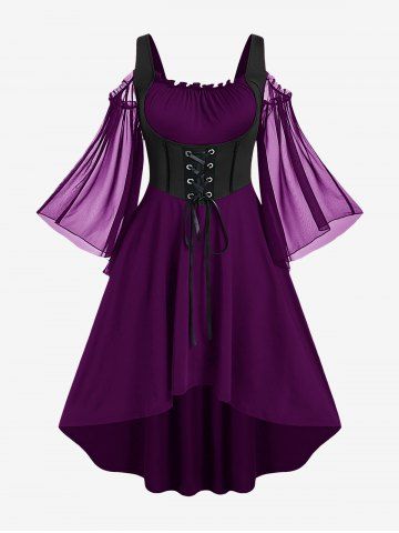 Plus Size Lace Up Cold Shoulder Flare Sleeves High Low Ruched Renaissance Corset Dress - MAROON - 5X | US 30-32