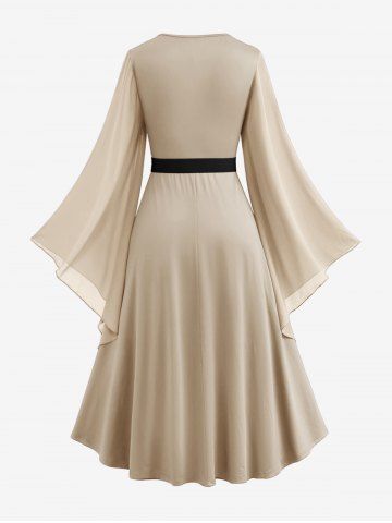 Plus Size Bell Sleeves Ruched Braided Buckle Belted A Line Renaissance Midi Dress