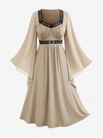 Plus Size Bell Sleeves Ruched Braided Buckle Belted A Line Renaissance Midi Dress - LIGHT COFFEE - 5X | US 30-32