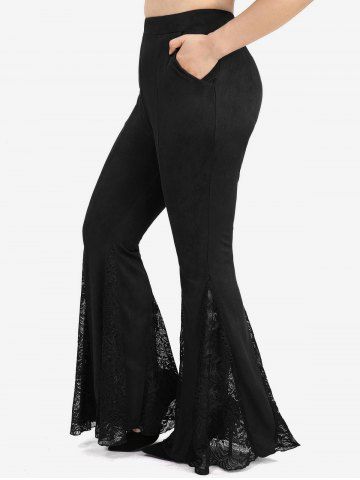 Plus Size Floral Lace Patchwork Pocket Flare Pants - BLACK - 3X | US 22-24