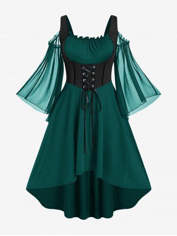Plus Size Lace Up Cold Shoulder Flare Sleeves High Low Ruched Renaissance Corset Dress - MEDIUM SEA GREEN - 5X | US 30-32