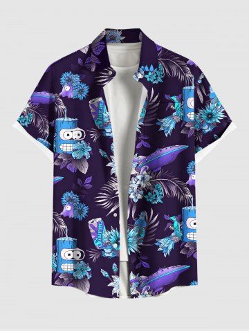 Plus Size Submarine Tropical Leaf Hibiscus Flower Cartoon Juice Print Hawaii Button Pocket Shirt For Men - BLACK - M