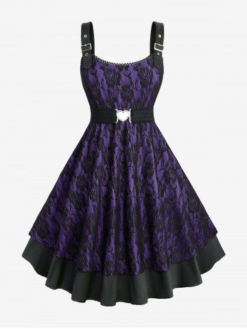 Plus Size Rose Flower Lace Panel Layered A Line Dress with Removable Belt - CONCORD - M | US 10