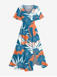 Robe mi-longue hawaïenne fendue grande taille à imprimé feuilles tropicales et fleurs d'hibiscus - Bleu L