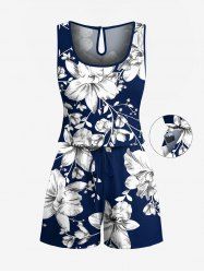 Plus Size Flowers Leaf Tropical Print Cinched Hawaii Romper -  