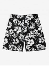 Short de plage hawaïen grande taille à imprimé fleurs d'hibiscus et crânes pour homme - Noir 7XL