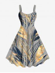 Plus Size Tropical Leaf Feather Metallic Print Hawaii Tank Dress - Gris S