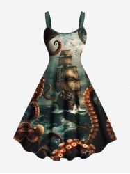 Plus Size Octopus Ship Sea Wave Crusie Print Hawaii Tank Dress - Vert profond M