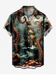 Plus Size Octopus Ship Sea Wave Crusie Print Buttons Pocket Hawaii Shirt For Men -  