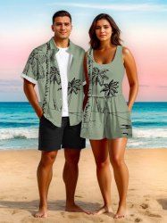Ensemble chemise hawaïenne et barboteuse grande taille, imprimé cocotier, pour couple - Vert clair 
