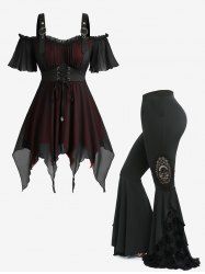 Lace Up Asymmetrical Cold Shoulder Blouse and Skull Flocking Appliques Flare Pants Plus Size Outfit -  