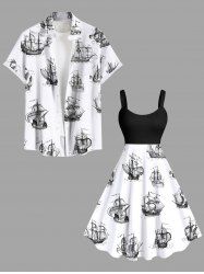 Tenue de plage hawaïenne assortie grande taille à imprimé vagues et bateau pour couples - Blanc 