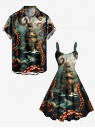 Octopus Ship Sea Wave Crusie Print Plus Size Matching Hawaii Beach Outfit For Couples -  