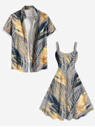 Tropical Leaf Feather Metallic Print Plus Size Matching Hawaii Beach Outfit For Couples -  