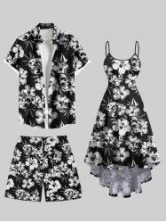 Tenue de plage hawaïenne assortie grande taille à imprimé tête de mort et fleurs tropicales pour couples - Noir 