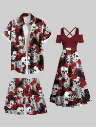 Tenue de plage hawaïenne assortie grande taille à imprimé squelette et têtes de mort et roses pour couples - Rouge foncé 