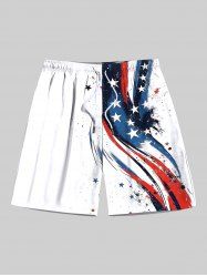 Plus Size Painting Splatter Patriotic American Flag Print Drawstring Beach Shorts For Men -  