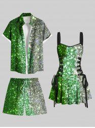 Tenue de plage hawaïenne assortie à imprimé pailleté bicolore contrasté et scintillant pour couples - Vert 