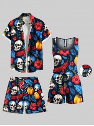 Ensemble chemise hawaïenne, short et barboteuse grande taille, tenue de plage, imprimé feuilles tropicales, hibiscus, fleurs et crânes, pour couples - Noir 