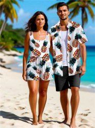 Matching Hawaii Shirt and Romper Plus Size Beach Outfit Colorful Geometric Colorblock Pineapple Print For Couples -  