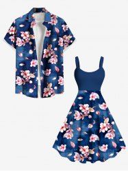 Tenue de plage hawaïenne assortie grande taille à imprimé pétales de fleurs et feuilles pour couples - Bleu 
