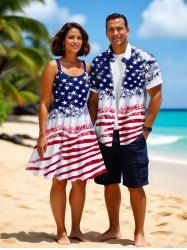 Tenue assortie grande taille à imprimé drapeau américain patriotique vieilli pour couples - Bleu Ciel 