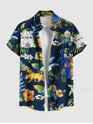 Chemise hawaïenne grande taille à imprimé floral et feuilles tropicales et hibiscus pour homme - Noir 4XL