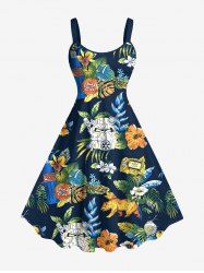 Plus Size Tropical Leaf Hibiscus Flower Print Hawaii A Line Tank Dress -  