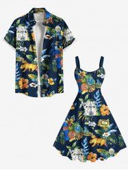 Tenue de plage hawaïenne assortie grande taille à imprimé feuilles tropicales et fleurs d'hibiscus pour couples - Noir 