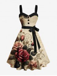 Plus Size Rose Flower Leaves Distressed Newspapaer Print Hawaii Button A Line Dress with Removable Belt -  