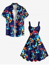 Tenue de plage hawaïenne assortie grande taille à imprimé floral ombré coloré pour couples - Bleu profond 