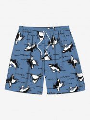 Plus Size Sea Waves Shark Print Hawaii Drawstring Beach Shorts For Men -  