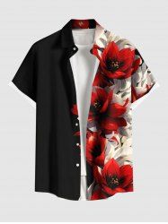 Plus Size Two Tone Flower Print Hawaii Button Pocket Shirt For Men -  