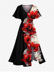 Plus Size Two Tone Flower Print Hawaii Split Pocket A Line Midi Dress -  