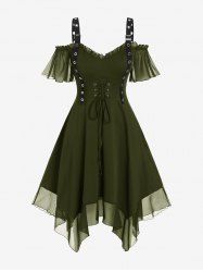 Gothic Plus Size Cold Shoulder Lace Up Grommet Handkerchief Chiffon Asymmetric Dress -  