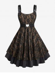 Robe trapèze grande taille à empiècements superposés en dentelle et fleurs roses avec ceinture amovible - Café profond 2X | US 18-20