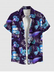 Plus Size Submarine Tropical Leaf Hibiscus Flower Cartoon Juice Print Hawaii Button Pocket Shirt For Men -  