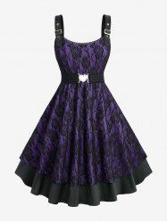 Plus Size Rose Flower Lace Panel Layered A Line Dress with Removable Belt -  