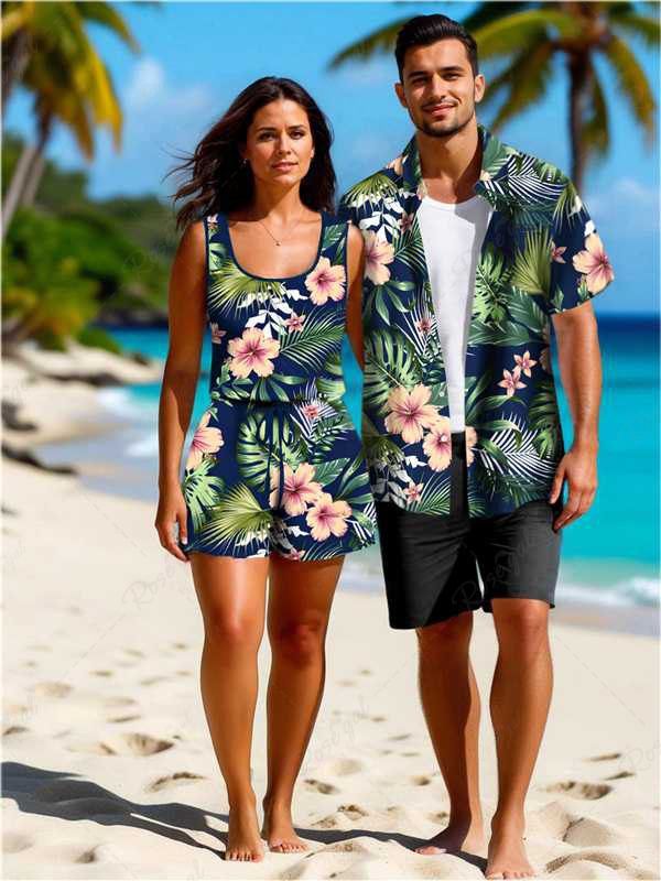 Ensemble chemise et barboteuse hawaïennes assorties, grande taille, tenue de plage à imprimé feuilles tropicales et fleurs pour couples Noir 