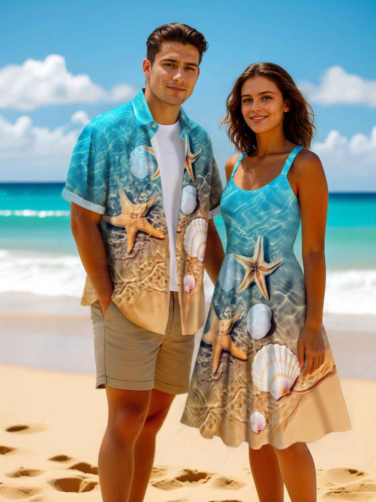Tenue de plage hawaïenne assortie grande taille à imprimé étoiles de mer et ondulations marines pour couples Jaune 