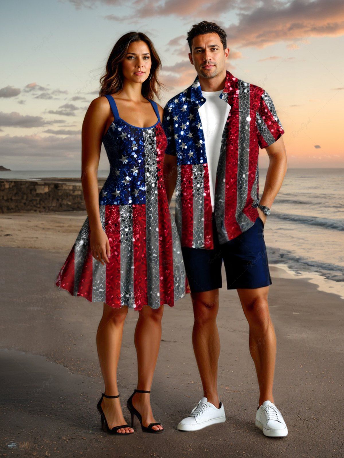 Discount Glitter Sequins Patriotic American Flag Print Plus Size Matching Outfit For Couples  