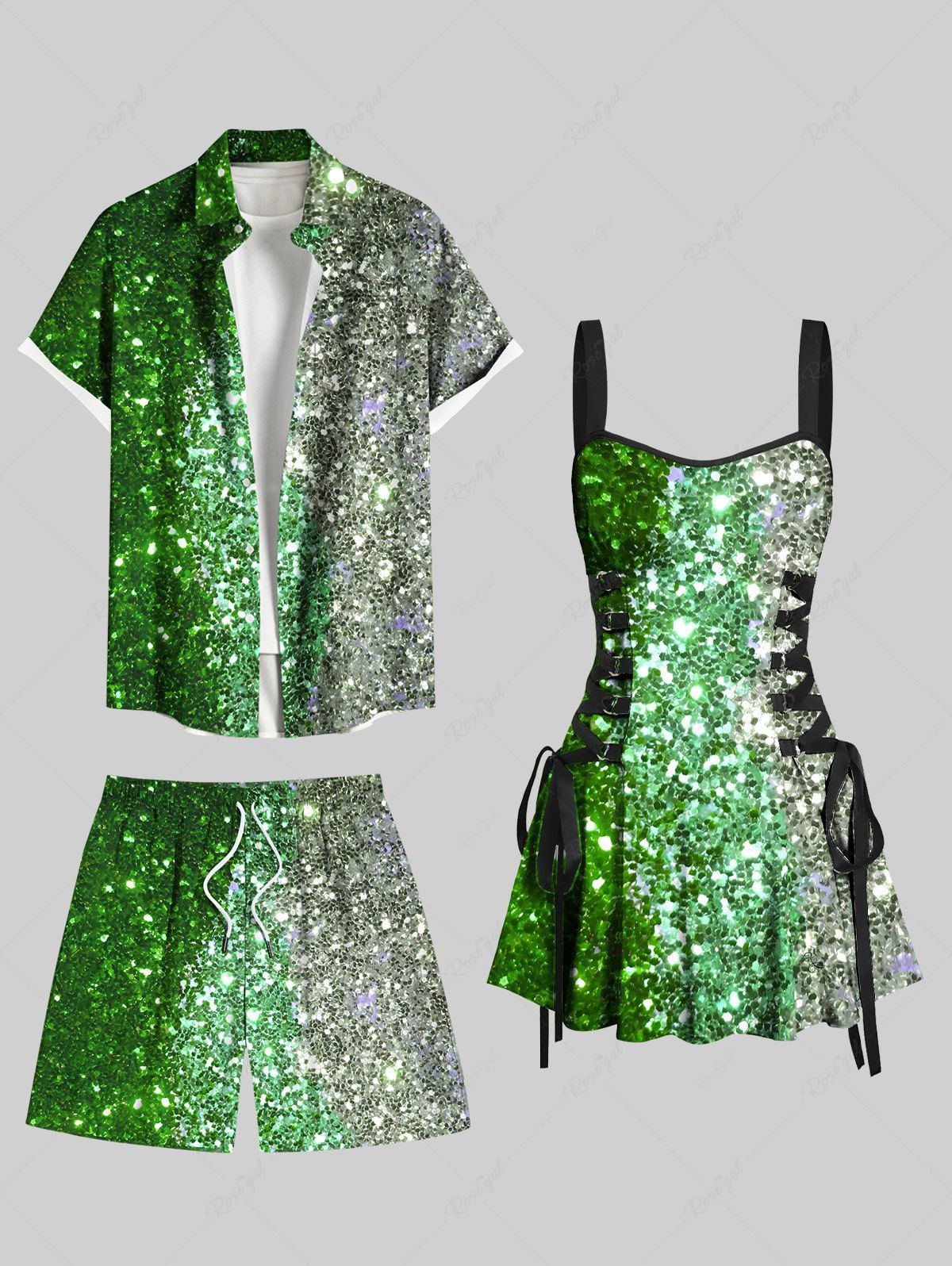 Tenue de plage hawaïenne assortie à imprimé pailleté bicolore contrasté et scintillant pour couples Vert 