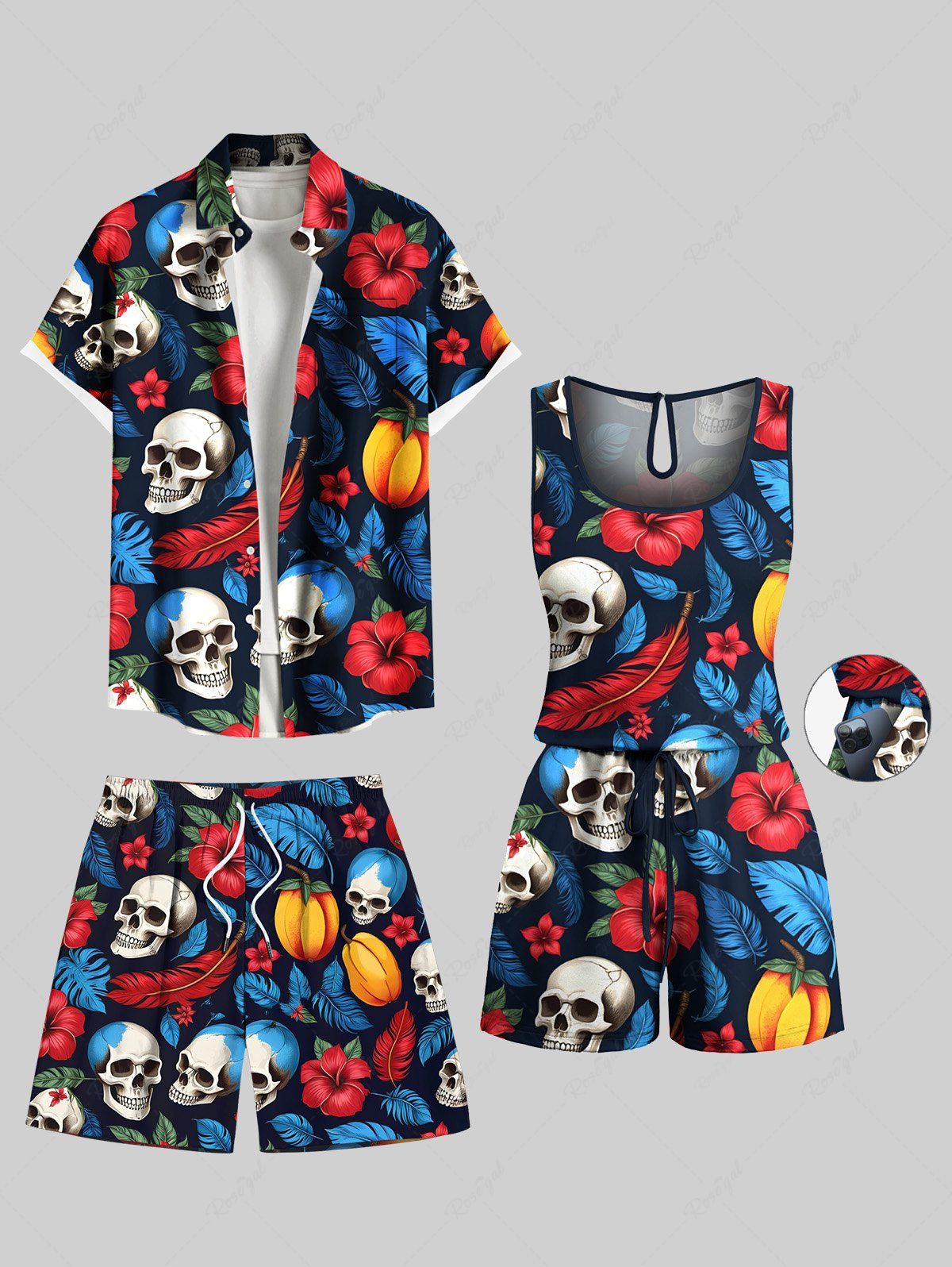 Ensemble chemise hawaïenne, short et barboteuse grande taille, tenue de plage, imprimé feuilles tropicales, hibiscus, fleurs et crânes, pour couples Noir 