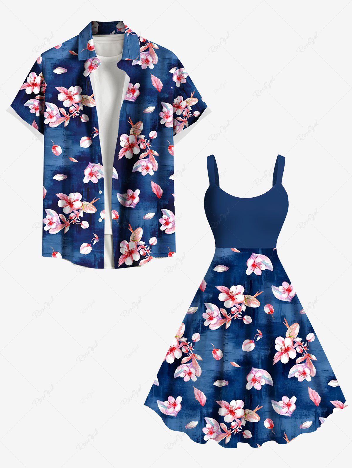 Tenue de plage hawaïenne assortie grande taille à imprimé pétales de fleurs et feuilles pour couples Bleu 